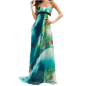 BCBGMAXAZRIA Sz 8 teal Silk Chiffon Strapless Watercolor Maxi Dress Gown
